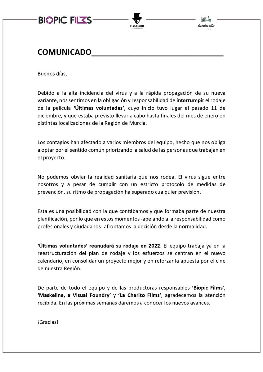 danielemoncho's tweet photo. La elevada incidencia y la alta propagación de la nueva variante del virus 🦠 nos lleva a interrumpir el rodaje de ‘UV’ 🎬 Ya trabajamos en ls nuevas fechas y retomaremos en 2022!!! @biopicfilms @GrupoMaskeline @fertejerom #cine #pelicula #rodaje #covid #ultimasvoluntadespelicula https://t.co/7HWI0zbYab