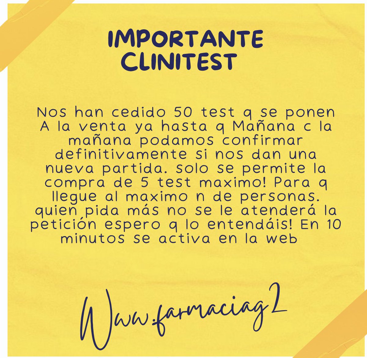 FarmaciaG2's tweet photo. Urgente y ultima publicación por hoy! Todo lo materialmente posible por ayudaros! Quien no llegue por favor paciencia para mañana. Esta partida ha sido cedída por el delegado y por farmaciag2 de nuestro propio stock familiar! ♥️😘
#clinitest #covid #urgente @farmaciag2 https://t.co/QQ9aY8CIpR