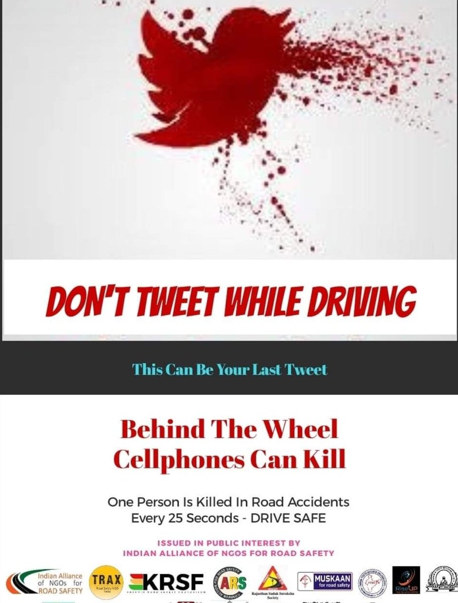 Don't tweet while driving. It can be your last tweet. One person is killed in road accident in every 25 seconds. #jaagokashmir #SaveLives #speakup <a href="/MORTHIndia/">MORTHINDIA</a> <a href="/nitin_gadkari/">Nitin Gadkari</a> @krsftrust <a href="/ChinarcorpsIA/">Chinar Corps🍁 - Indian Army</a> <a href="/LageRahoKashmir/">Sunjay Vishvasrao</a> <a href="/WhiteGlobeJK/">White Globe</a> <a href="/UNRSC/">UN Road Safety</a> <a href="/Trafficzam_DEL/">TRAX_Road Safety NGO, India</a> <a href="/Traffic_hqrs/">J&K Traffic Police</a> <a href="/SSPTFCSGR/">Traffic City Srinagar.</a>