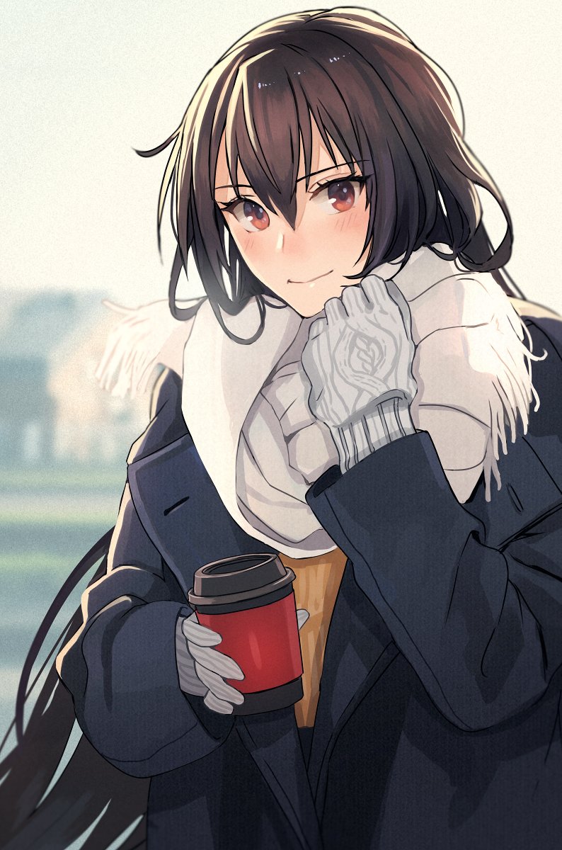 nagato (kancolle) 1girl long hair solo black hair scarf coat gloves  illustration images