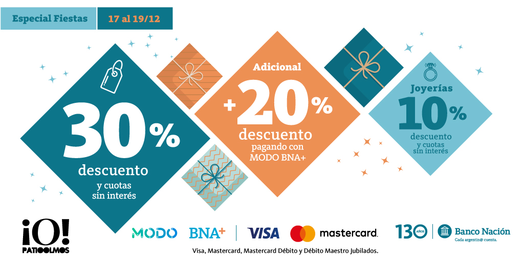 Del 17 al 19 de diciembre, promo especial de Banco Nación en #PatioOlmos 🛍
Consultá los locales adheridos en patioolmos.com/oferta/banco-n…
