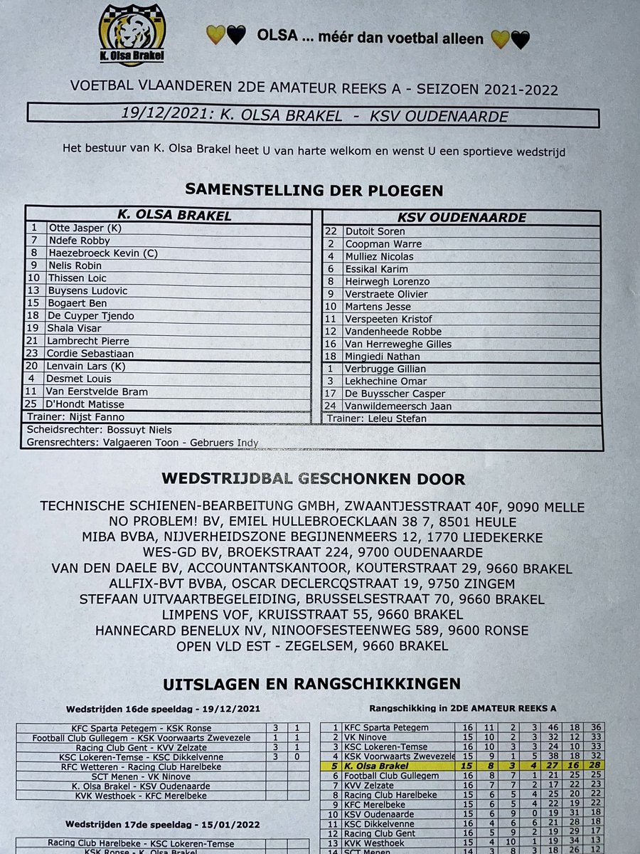 KsvOudenaarde's tweet photo. Olsa Brakel - KSVO. De samenstelling van de elftallen #BraOu #ForzaS #ksvo https://t.co/VagsyVxa1t