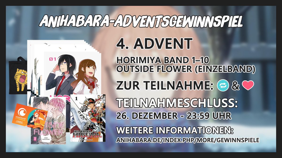 🎁 GEWINNSPIEL 🎁

Zum 4. Advent verlosen wir mit freundlicher Unterstützung von <a href="/EgmontMANGA/">Egmont Manga</a>, <a href="/AniMoonAnime/">AniMoon Publishing</a>, <a href="/Crunchyroll_de/">Crunchyroll.de✨</a> &amp; <a href="/TOKYOPOP_GmbH/">TOKYOPOP</a> ein Paket u.a. mit Band 1–10 (!!) von Horimiya 🎄

Zum Mitmachen:
✔️ Retweet &amp; Like

Viel Glück! 🍀