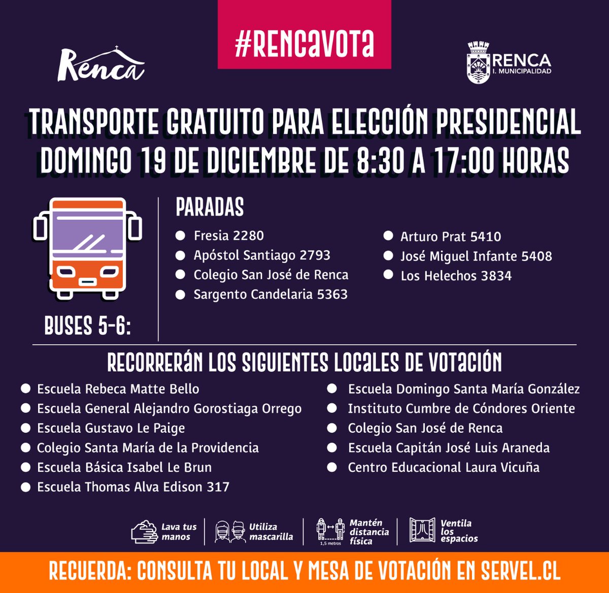 Muni_Renca's tweet photo. ¡Anda a votar! Hemos dispuesto 11 buses gratuitos de acercamiento a los locales de votación de #Renca, ante las denuncias ciudadanas realizadas durante el día de hoy sobre aglomeraciones en paraderos, y la falta de soluciones por parte del Ministerio de Transporte. https://t.co/Fo1PckEHSU