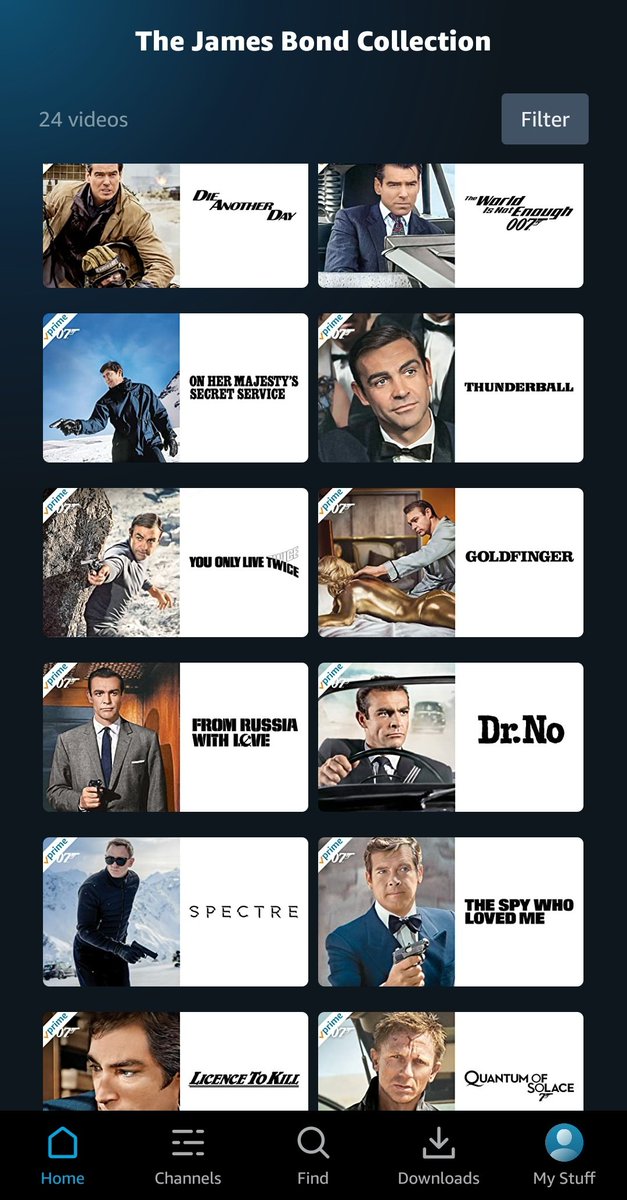 FilmsLoveLife's tweet photo. #Bond25 #JB25 on @PrimeVideo @PrimeVideoIN 👏👏👏
All 24 James Bond movies except for the latest #NoTimeToDie now available only on PrimeVideo.. excellent!! #JamesBond @007 #TheJamesBondCollection #TJBC https://t.co/69Xu4OdHPc