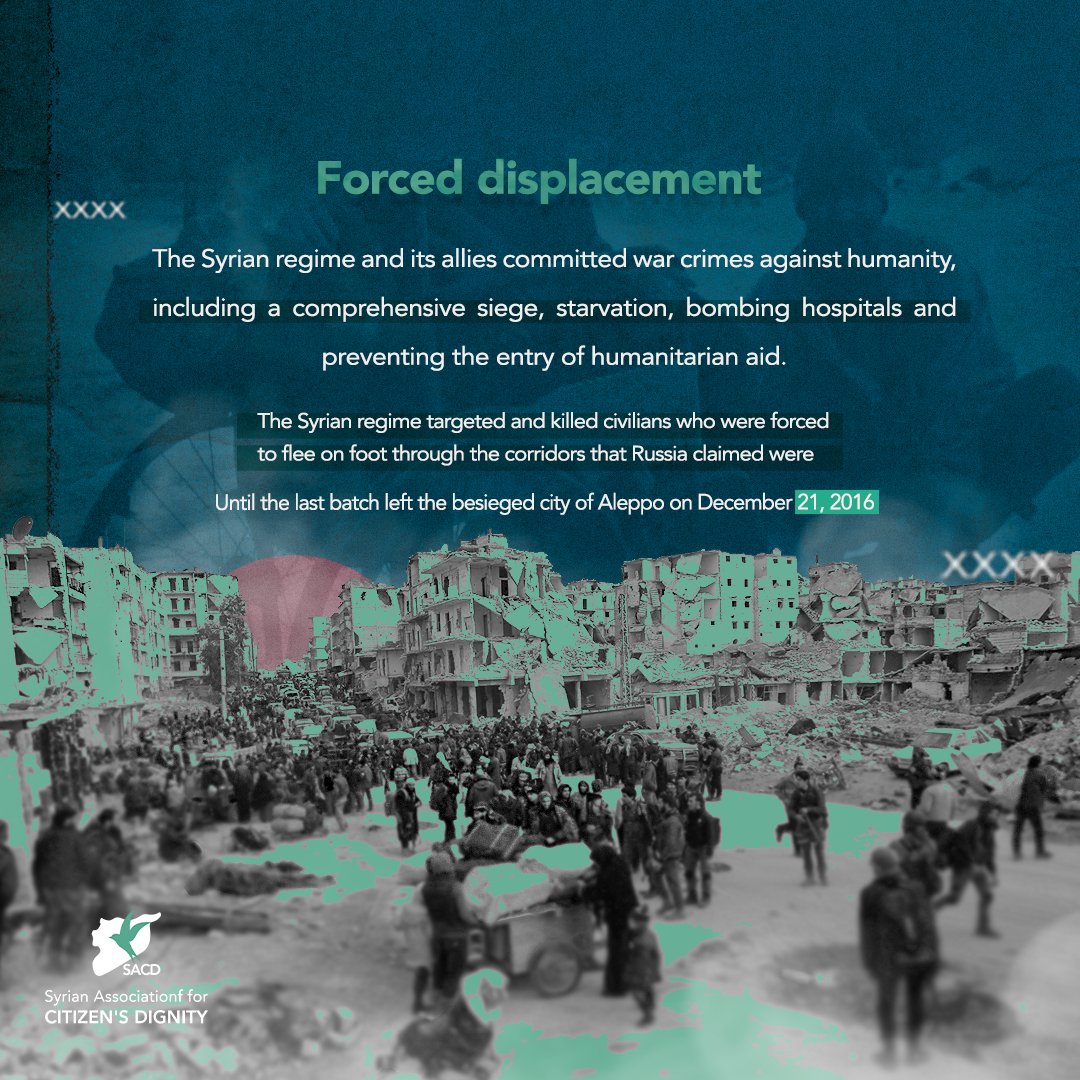 SyrianACD's tweet photo. Today marks 5th anniversary of the displacement of the city of #Aleppo, which lasted for ten days and was known as the largest forced displacement carried out by the Assad regime and its Russian and Iranian allies since the beginning of the conflict in #Syria. #NoReturnWithAssad https://t.co/pvVkzyZ9QZ