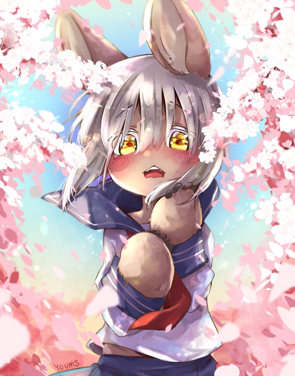 nanachi (made in abyss) furry school uniform animal ears 1other cherry blossoms whiskers horizontal pupils  illustration images