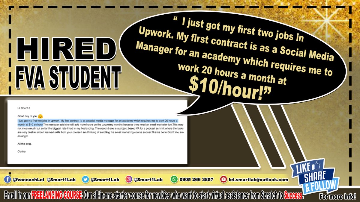 SmartLearninLab's tweet image. 𝐄𝐧𝐫𝐨𝐥𝐥 𝐢𝐧 𝐨𝐮𝐫 𝐜𝐨𝐮𝐫𝐬𝐞 𝐚𝐧𝐝 𝐠𝐞𝐭 𝐚 𝐜𝐡𝐚𝐧𝐜𝐞 𝐭𝐨 𝐛𝐞 𝐦𝐞𝐧𝐭𝐨𝐫𝐞𝐝 𝐛𝐲 𝐭𝐡𝐞 𝐛𝐞𝐬𝐭 𝐅𝐫𝐞𝐞𝐥𝐚𝐧𝐜𝐢𝐧𝐠 𝐜𝐨𝐚𝐜𝐡𝐞𝐬!

RESERVE YOUR SLOT by sending us a PM!

#WFH
#FreelancingTips
#Freelancing
#OnlineJobs
#FVAQatar
#surge
#Qatar
#OFW