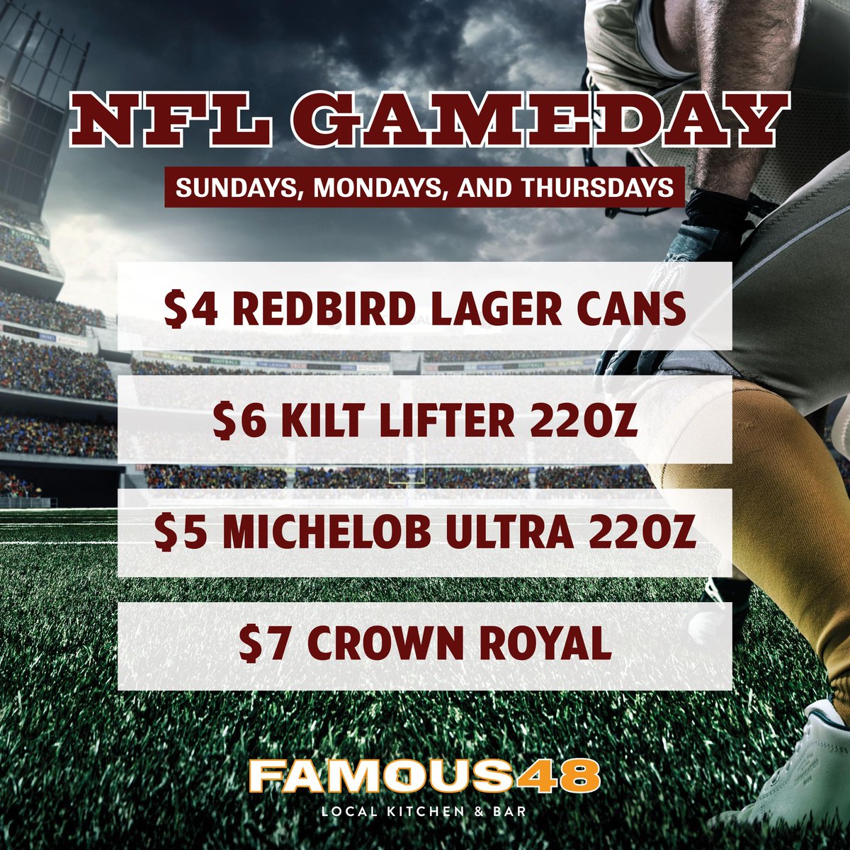 Sundays are automatically made better with beer. Join us to cheer on the Cardinals this morning.

#Famous48 #ArizonaBar #ScottsdaleFoodie #ArizonaRestaurant #RedBirdLager #NFLGameDay #CardinalsFootball #BirdGang #BeRedSeeRed