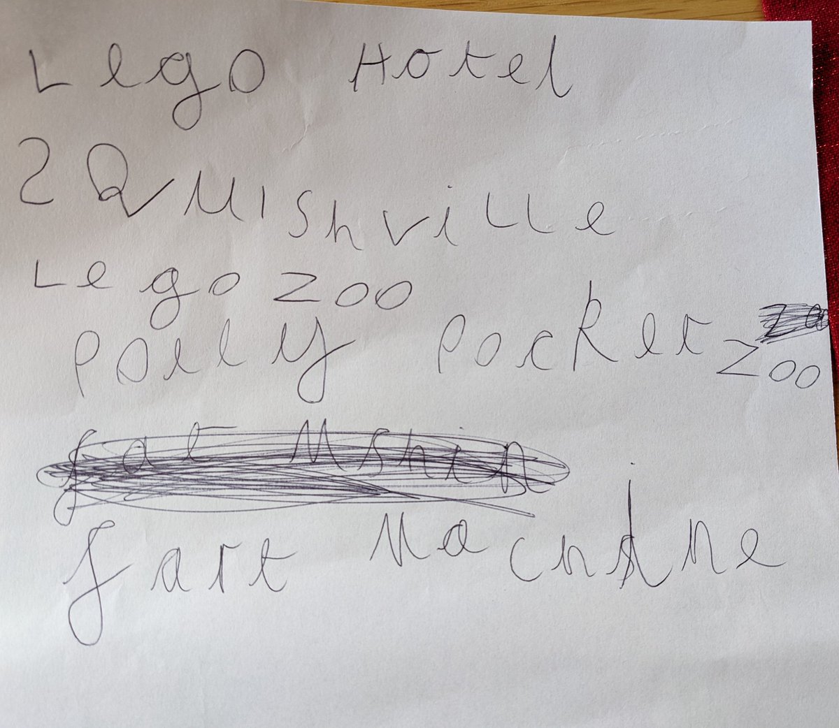 Phoebe's Christmas list. I definitely approve of the Fart Machine.
