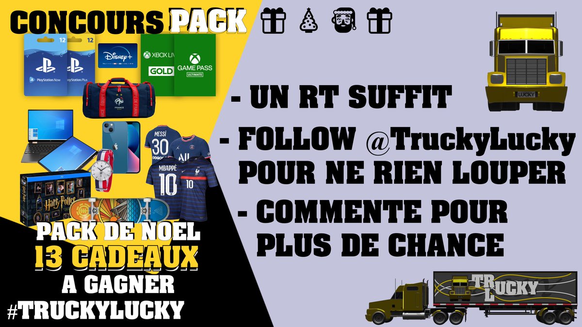 TruckyLucky's tweet photo. #Concours #Jeu
Gagnez ce pack de #Noel !
🎁13 #cadeaux comme les 13 desserts provençaux

- 1 #RT suffit

+ de chances :
📲 Sur l'app : https://t.co/enEiSqEzJT
💬 Commentez/mentions

Suivez @TruckyLucky pour +

#PSNow #PSPlus #XboxGamePass #Playstation #Xbox #HarryPotter #iPhone13 https://t.co/CPzR4TvBEH