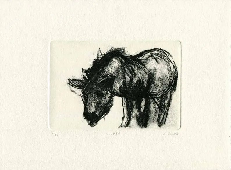 This Little Donkey etching print can be seen (and purchased) via etsy.com/uk/shop/LouWil…