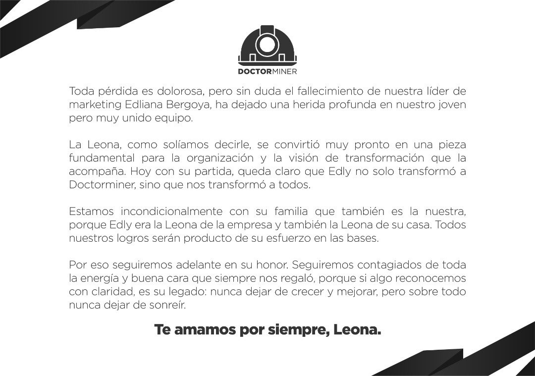 doctorminer_'s tweet photo. Hoy Doctorminer es Edliana Bergoya, 

lamentamos profundamente la pérdida de nuestra leona, 

vivirás para siempre entre nosotros, 

la 10 del equipo 😭

Serás la fuente de luz de la linterna que lleva nuestro casco desde aquí hasta la eternidad 😇😭

Jamás te vamos a olvidar https://t.co/HP3ifppZa5
