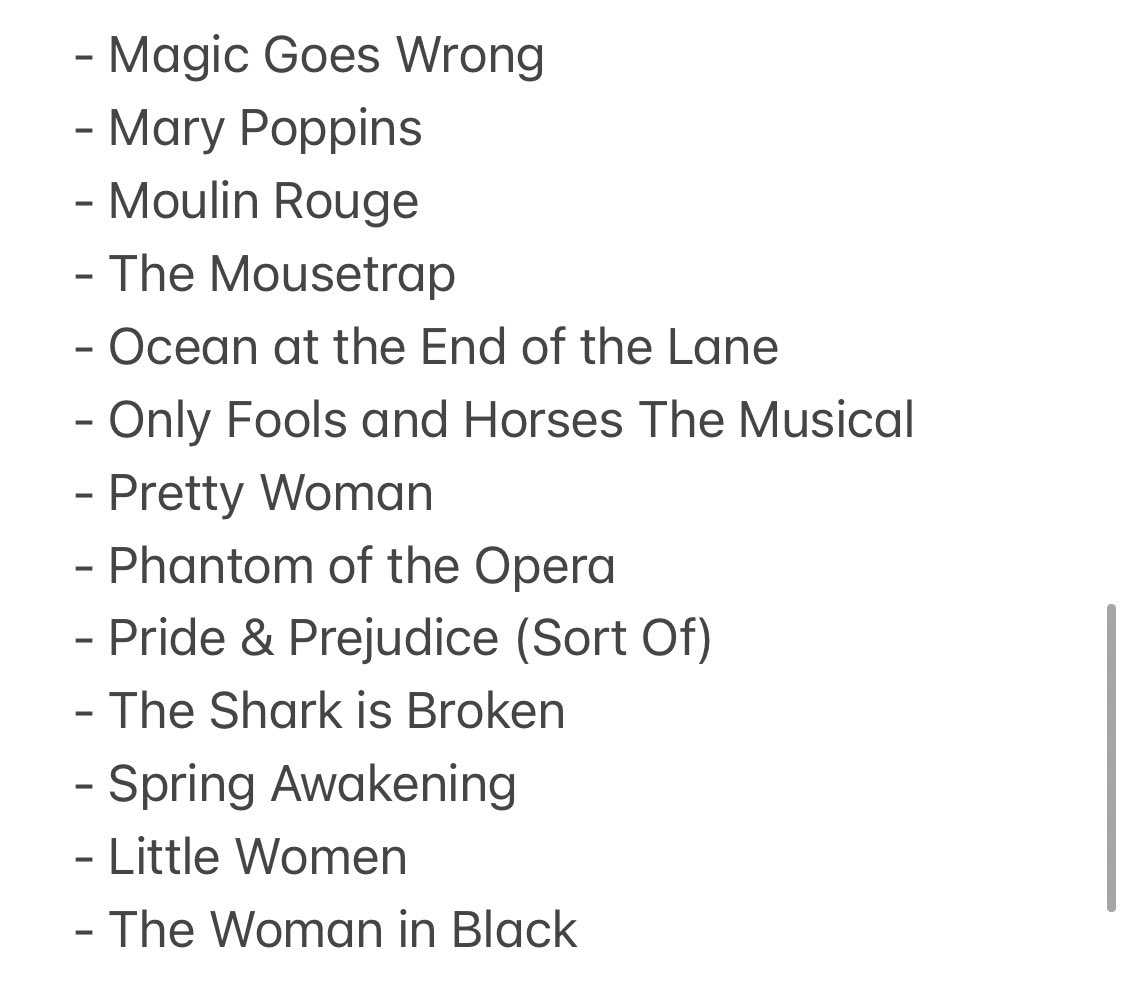 SHOWS *OPEN* IN LONDON: 

The lists of closed shows can really pack a punch - in an effort to raise spirits, here’s a list of some of the shows you CAN see in London right now. Not to mention all the opera, ballet and fringe venue work! 
Please support if you feel able ❤️ x