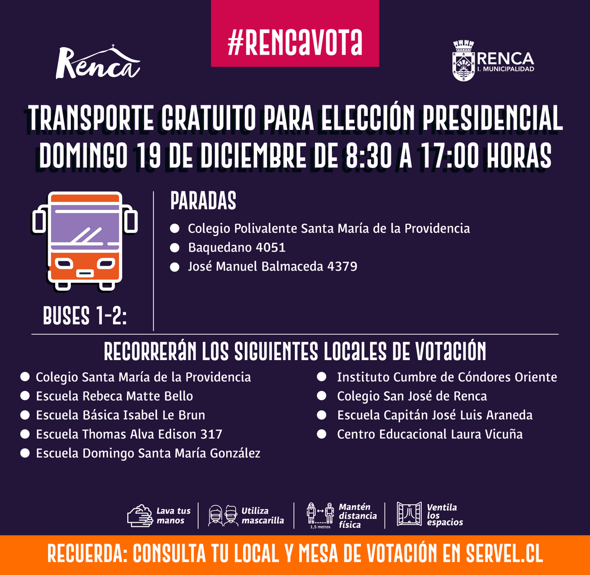 RadarRenca's tweet photo. Aquí la ruta de los buses de acercamiento gratuitos que dispuso @Muni_Renca para esta jornada de elecciones #Renca (1/2) 🚌⛰️ https://t.co/7nO16rR5mu