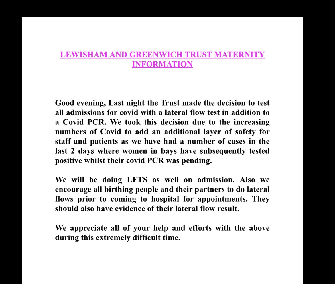 Good afternoon, this information relates to Lewisham and Greenwich Trust. Please direct any questions to @e_midwife and someone will get back to you as soon as possible in this busy time. Please check the Lewisham and Greenwich Trust Maternity page for more information.