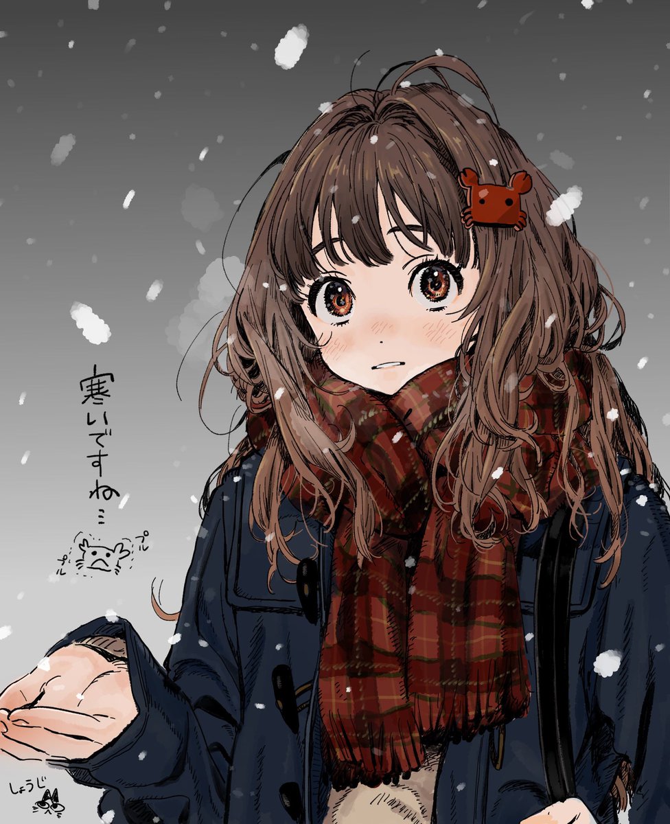 1girl scarf brown hair solo red scarf brown eyes long hair  illustration images
