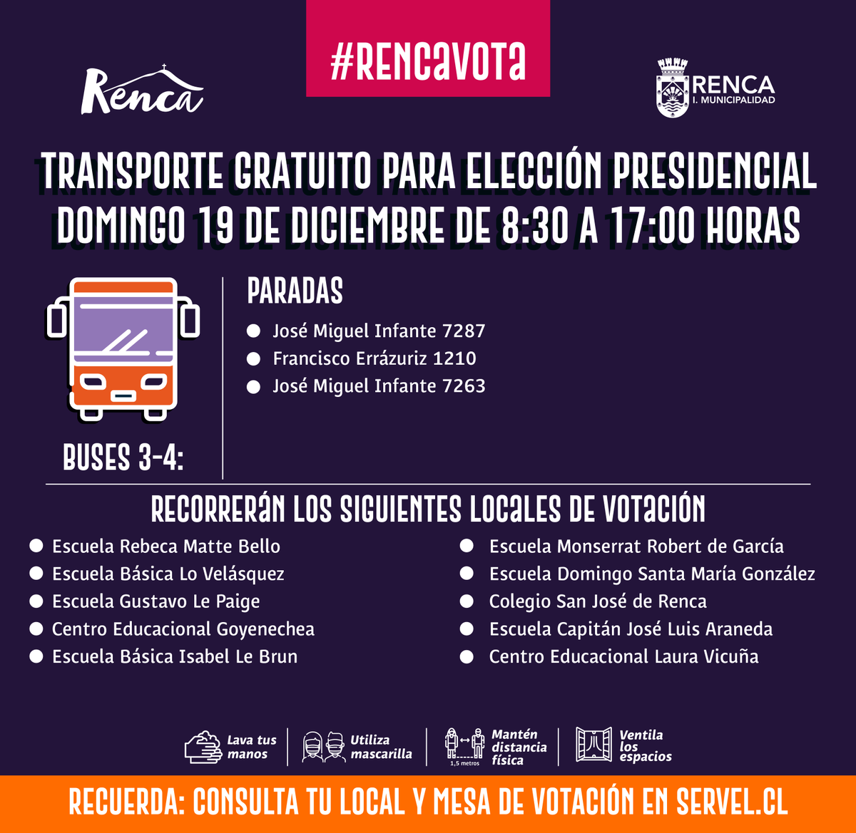 RadarRenca's tweet photo. Aquí la ruta de los buses de acercamiento gratuitos que dispuso @Muni_Renca para esta jornada de elecciones #Renca (1/2) 🚌⛰️ https://t.co/7nO16rR5mu