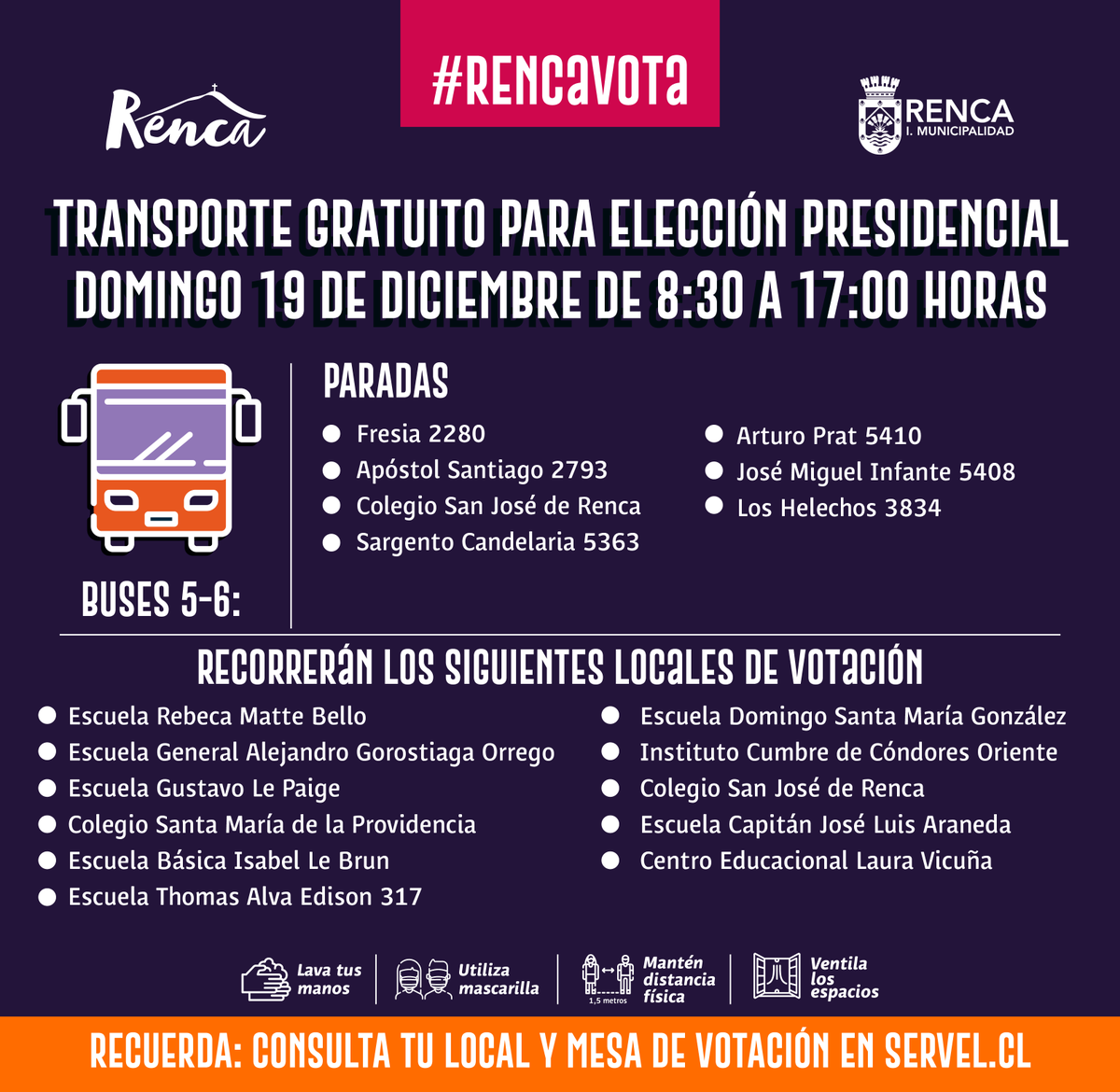 RadarRenca's tweet photo. Aquí la ruta de los buses de acercamiento gratuitos que dispuso @Muni_Renca para esta jornada de elecciones #Renca (1/2) 🚌⛰️ https://t.co/7nO16rR5mu
