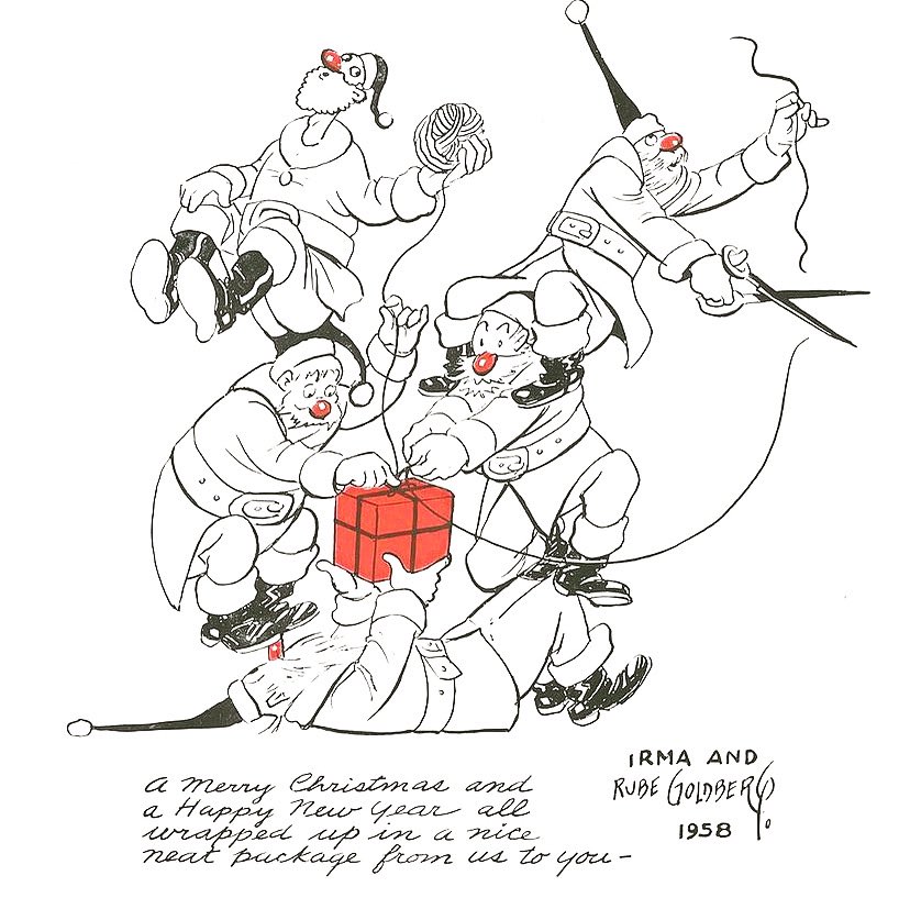 RubeGoldberg's tweet image. 🎁 😍🎁

From the holiday card collection of Irma and Rube Goldberg. 
.  .  .
#rubegoldbergart #wrappingpresents #rubegoldberg #santa #giftideas