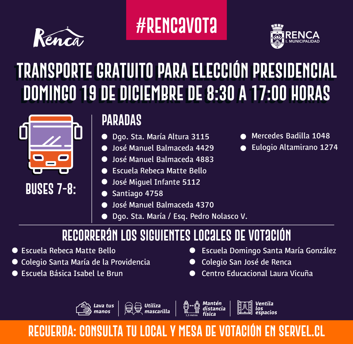 RadarRenca's tweet photo. Aquí la ruta de los buses de acercamiento gratuitos que dispuso @Muni_Renca para esta jornada de elecciones #Renca (2/2) 🚌⛰️ https://t.co/V8swABAAZJ