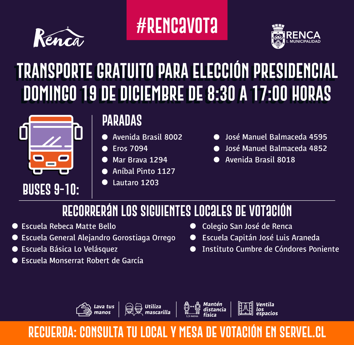 RadarRenca's tweet photo. Aquí la ruta de los buses de acercamiento gratuitos que dispuso @Muni_Renca para esta jornada de elecciones #Renca (2/2) 🚌⛰️ https://t.co/V8swABAAZJ