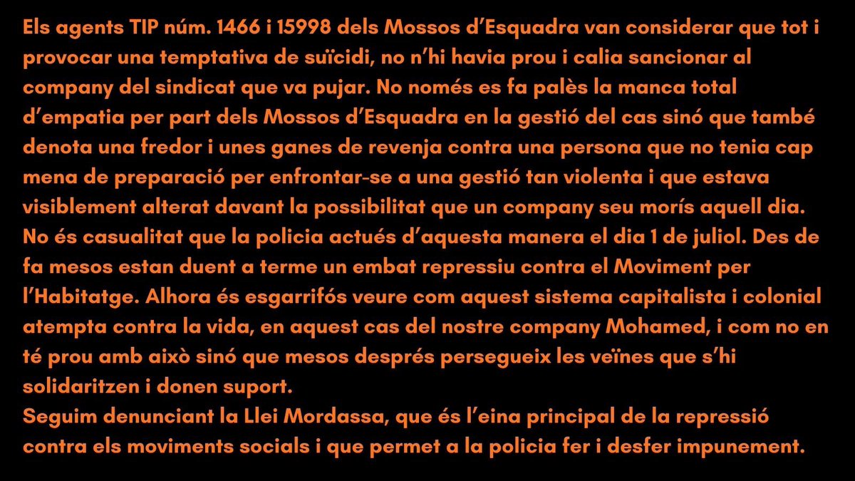 SHabitatgeP9's tweet photo. Fa tot just una setmana a un company del sindicat va arribar-li una multa per “faltes de respecte i consideració dirigides a un membre de les forces i cossos de seguretat en l’exercici de les seves funcions de seguretat”, com recull la Llei Mordassa. Cal https://t.co/sQL1rxyepH
