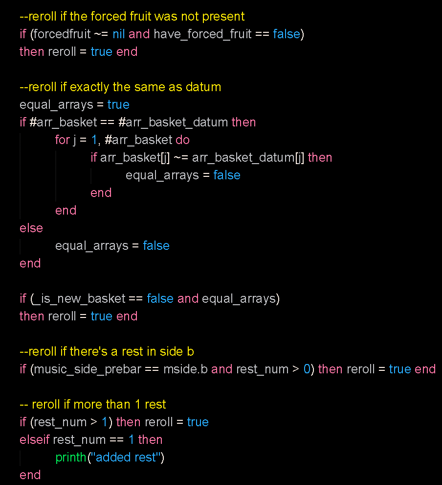 7thbeat's tweet photo. another small gamejam! We wanted to make random generated rhythms and levels for this. Instead of specifying how the patterns look like, it's easier to identify the patterns we *dont* want and then just keep rerolling in a 'while' loop #7thbeatdev https://t.co/9L7lkeAwIS