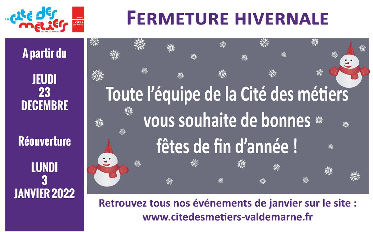 La Cité des métiers ferme ses portes pour les #fêtes ! Nous vous souhaitons de passer d'agréables moments !