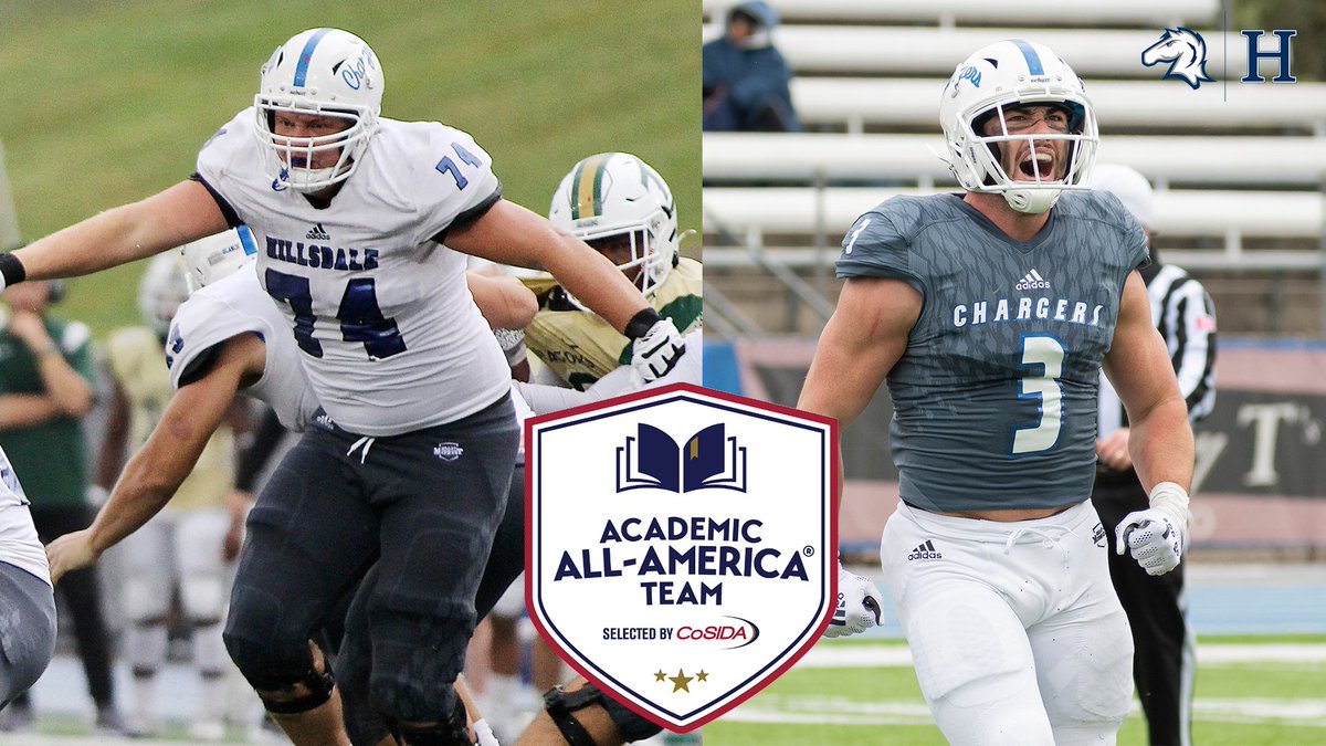 HCChargers's tweet photo. .@Hillsdale_FB was one of just three football teams in all of NCAA Division II this year to have multiple first team @CoSIDAAcadAA honorees! Congrats to Alex Anschutz and Cole Johnson on receiving this prestigious honor once again! #ChargeOn 
Release: https://t.co/WvC5EcFa71 https://t.co/7ODgmwgAQR