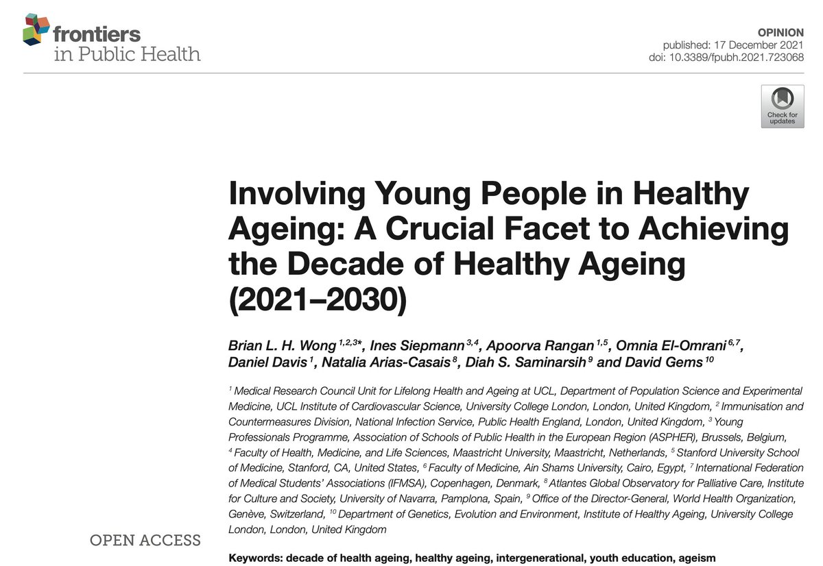 Beyond thrilled our opinion piece on the importance of involving #youngpeople in #HealthyAgeing is live in @FrontPubHealth! 🙌🏽

Written in response to @UNDecadeAgeing, this article reflects the visions of #youth to shape #AWorld4AllAges.

Read it here 👉 bit.ly/3p2Kmqr