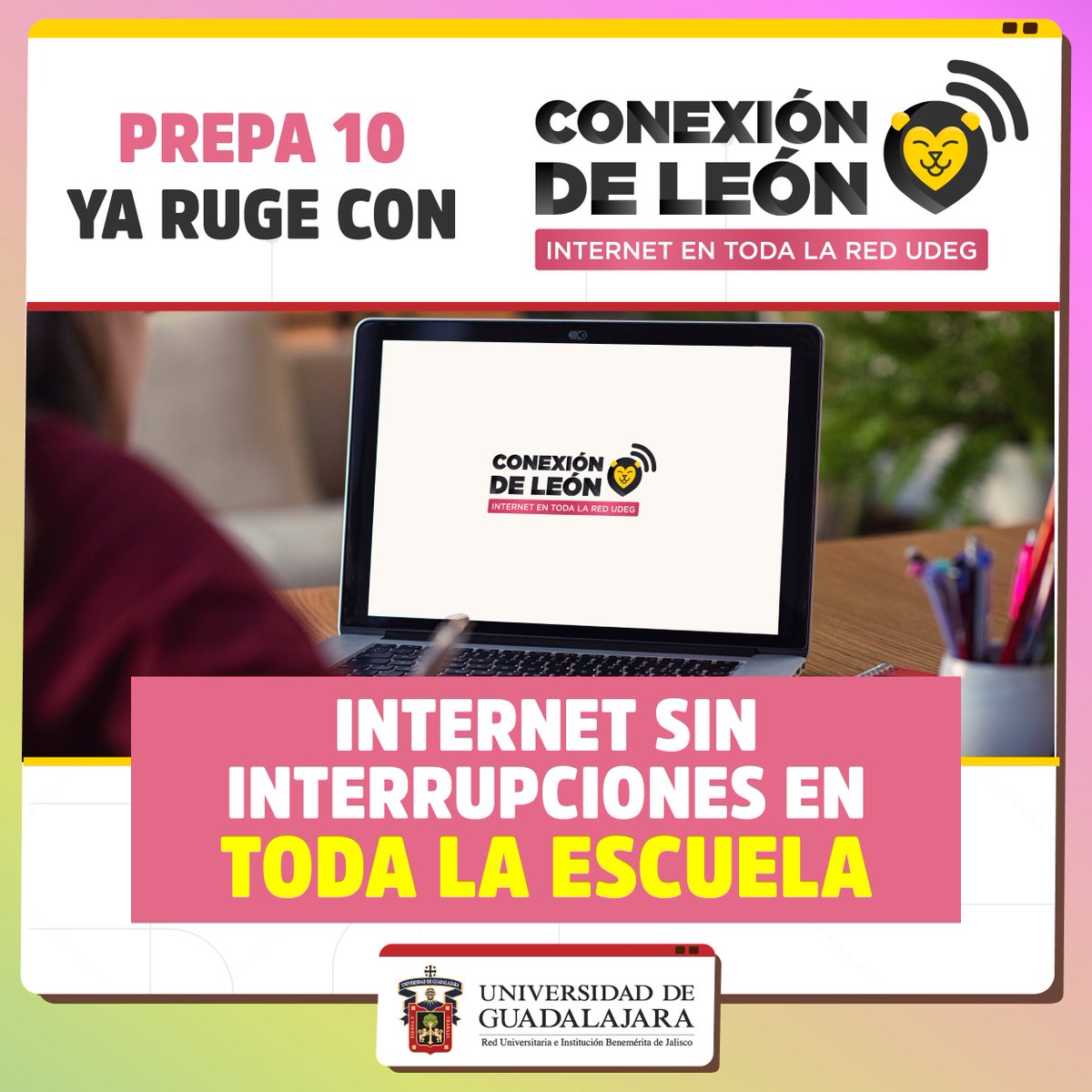 udg_oficial's tweet photo. Desde el comienzo de nuestra administración trabajamos para que todos los planteles de la #RedUdeG tuvieran conexión a Internet gratuita. 💻
Hoy la #Prepa10 del @sems_udg cuenta con #ConexiónDeLeón. 🖤🦁 https://t.co/6werbkj4DY