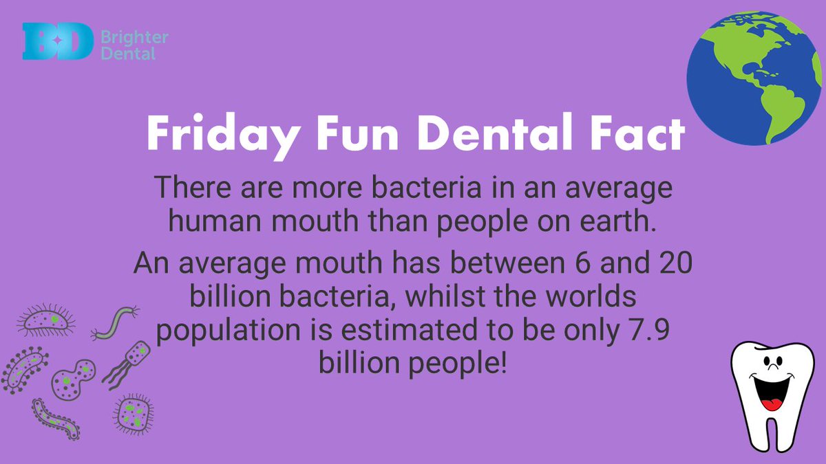 Wow! #DidYouKnow there are more #bacteria in the average human mouth than there are people on Earth? The world's population is around 7.9 billion but an average human mouth contains 6-20 billion bacteria! A very good reason to brush your #teeth x2 a day with #fluoride #toothpaste