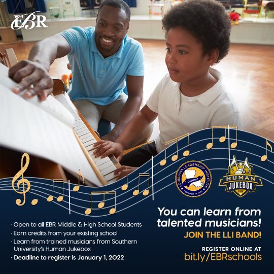Calling all EBR MIDDLE and HIGH SCHOOL students interested in music! Louisiana Leadership Institute has partnered with the Southern University Human Jukebox! REGISTER NOW for the LLI Concert Band, Marching Band or Jazz Band today at the following link: bit.ly/EBRschools