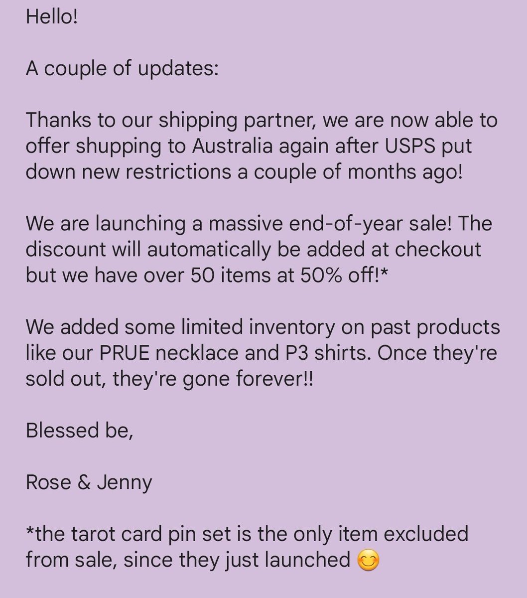 theboxofshadows's tweet photo. Updates:

Thanks to our shipping partner, we are now able to offer shipping to Australia again!!

We are launching a massive end-of-year sale! The discount will automatically be added at checkout but we have over 50 items at 50% off!*

https://t.co/WqQbuMJ4Rl https://t.co/umUa5XXuTc