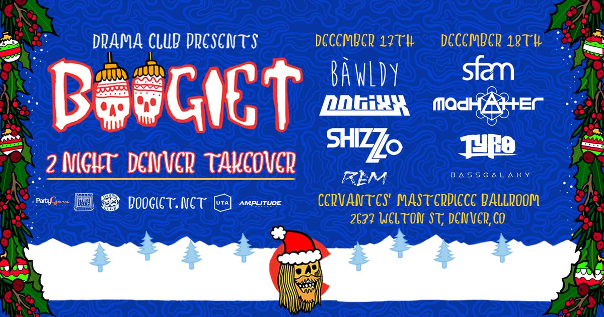 Join us this weekend for the 2 night takeover with <a href="/boogietmusic/">Boogie T</a> and his @dramaclubrecs label mates <a href="/bawldyofficial/">bàwldy</a> <a href="/sfam_official/">š f ä m</a>  <a href="/notixx/">HYPNOTIXX</a>  @madhatter_musix @shizzlomusic <a href="/itstyromusic/">Tyro</a> 

TIX: bit.ly/BoogieTCervs

Supported by our friends <a href="/AmplitudeDenver/">Amplitude Presents</a>  <a href="/PartyGuruUS/">PartyGuruProductions</a>