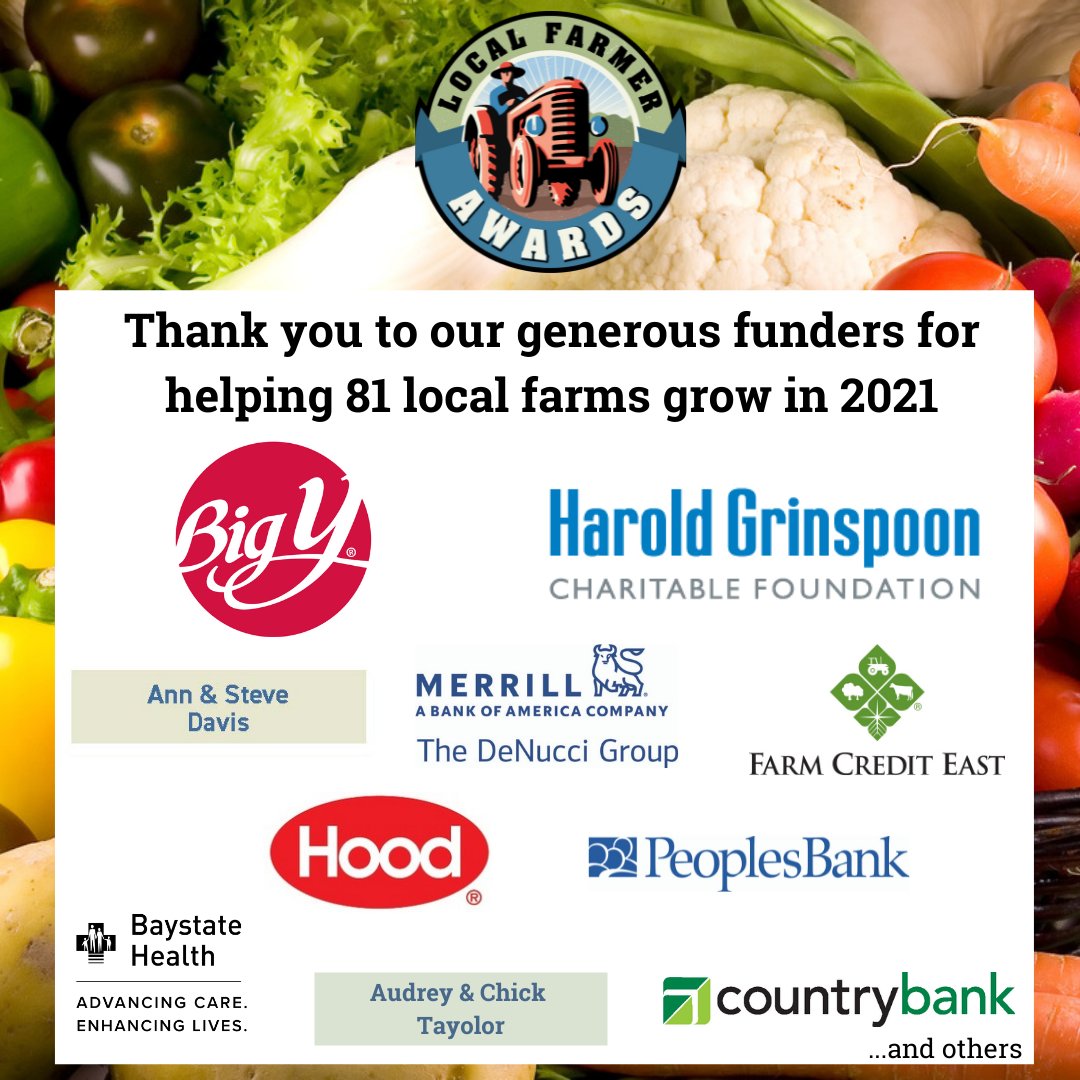 2021 Local Farmer Awards - helping 81 local farms grow 

⁠@GrinspoonCharitableFoundation, <a href="/bigyfoods/">Big Y Your Family Market</a>, Ann &amp; Steve Davis, DeNucci Group at Merrill Lynch, <a href="/fceast/">Farm Credit East</a>, <a href="/hphood/">Hood</a>, <a href="/bankatpeoples/">PeoplesBank</a>, <a href="/baystate_health/">Baystate Health</a>, Audrey &amp; Chick Taylor, and <a href="/country_bank/">Country Bank</a>
#localfarms #funderfriday ⁠