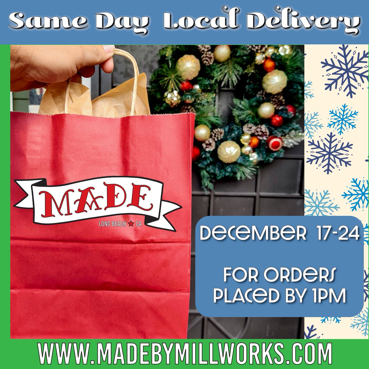 Shop Online and get your gifts in time! MADE is offering FREE same day local delivery for orders placed by 1pm today through Christmas Eve.
OR, you can come shop in-person at our brick-and-mortar pop-up everyday through Christmas Eve!
madebymillworks.com