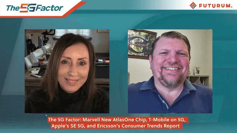 ShellyKramer's tweet photo. New #5GFactor webcast alert. TOPIC: @MarvellTech New AtlasOne Chip, @TMobile on 5G, @Apple ’s SE 5G, and @ericsson’s #ConsumerTrendsReport. Fellow analyst @RonWestfallDX and I covered happenings and news across the 5G ecosystem. https://t.co/YV5kY5Ql9Y https://t.co/dqMjZ8z1Pb