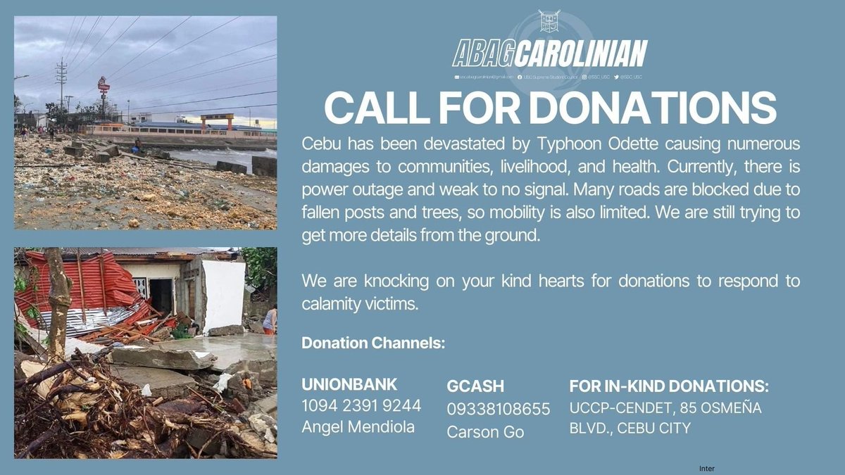 SSC_USC's tweet photo. Announcement from Abag Carolinian | CALL FOR URGENT RELIEF DONATIONS AND VOLUNTEERS

Cebu has been devastated by Typhoon Odette causing numerous damages to communities, livelihood, and health. https://t.co/T2oiRpqYbP