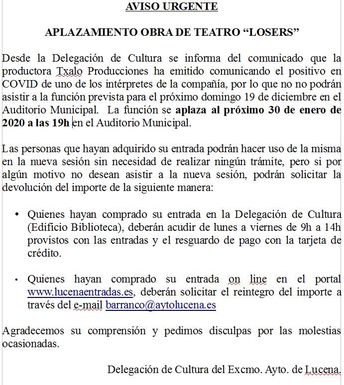 IMPORTANTE <a href="/AytoLucena/">Ayuntamiento de Lucena</a> <a href="/VIDEOLUCTV/">VIDEOLUC TV</a> <a href="/lucenahoycom/">lucenahoy.com</a> <a href="/glamourlucena/">Glamour Lucena</a> <a href="/subbeticahoy/">SubbeticaHoy.com</a> <a href="/VozSubbetica/">La voz Subbética</a> <a href="/Turismo_Lucena/">Turismo Lucena</a> <a href="/JuventudLucena/">JuventudLucena</a> <a href="/TxaloProduccion/">Txalo Producciones</a> @PlazaolaJon <a href="/cordoba/">Diario CÓRDOBA</a> <a href="/Sur_de_Cordoba/">surdecordoba.com</a> <a href="/LucenaPsoe/">Psoe-A Lucena ❤️</a> <a href="/TeatroLucena/">E.T. Duque de Rivas</a> <a href="/EscaparateL/">EscaparateLucena</a> <a href="/hoyencordoba/">Hoy en Córdoba</a> <a href="/RAtalaya_Cabra/">Radio Atalaya 107.3</a> <a href="/radio_atalaya/">Radio Atalaya Cabra</a> <a href="/subbeticahoy/">SubbeticaHoy.com</a>