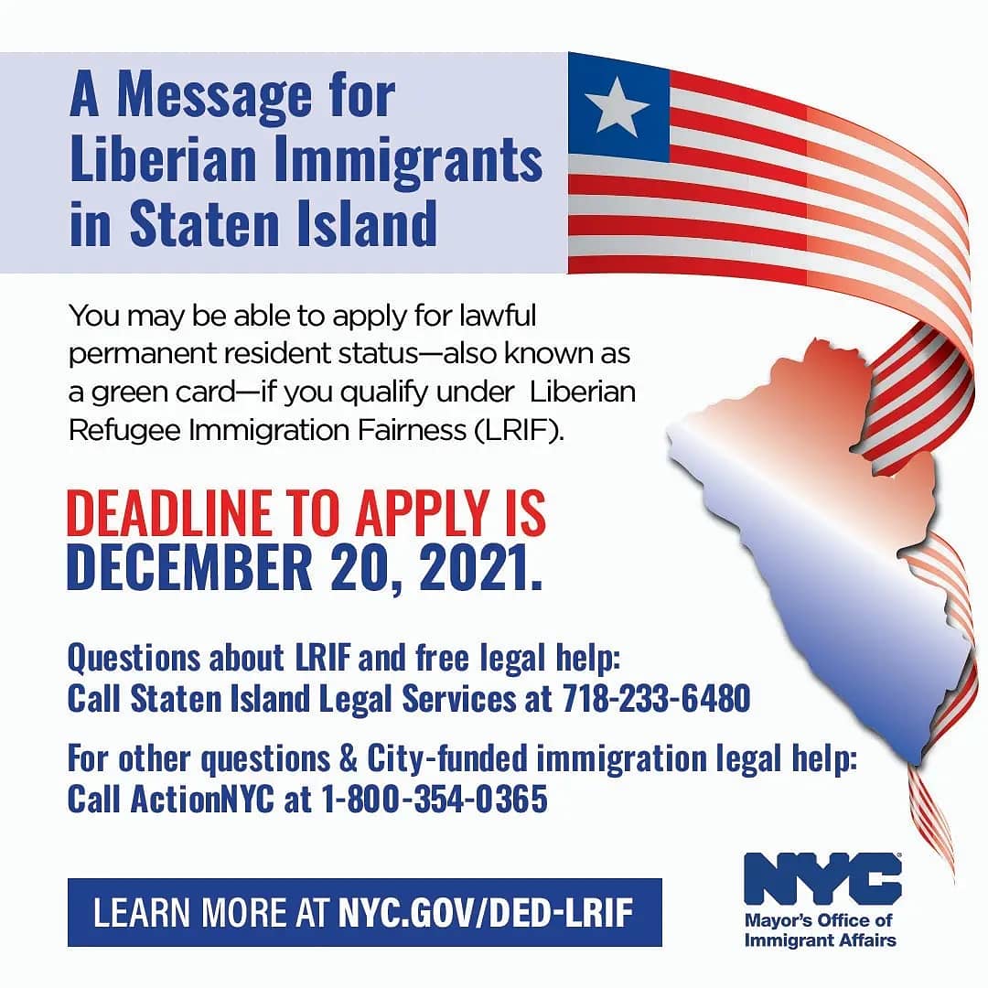 NYCImmigrants's tweet photo. Liberian NYers: You may be eligible for #LRIF and lawful permanent resident status, but you must apply before 12/20! Learn more https://t.co/gLCpDnISsF or contact a legal service provider below:

In Staten Island: 718-233-6480 
 
Outside Staten Island (Citywide): 917-661-4500 https://t.co/HQLuBZsVKJ