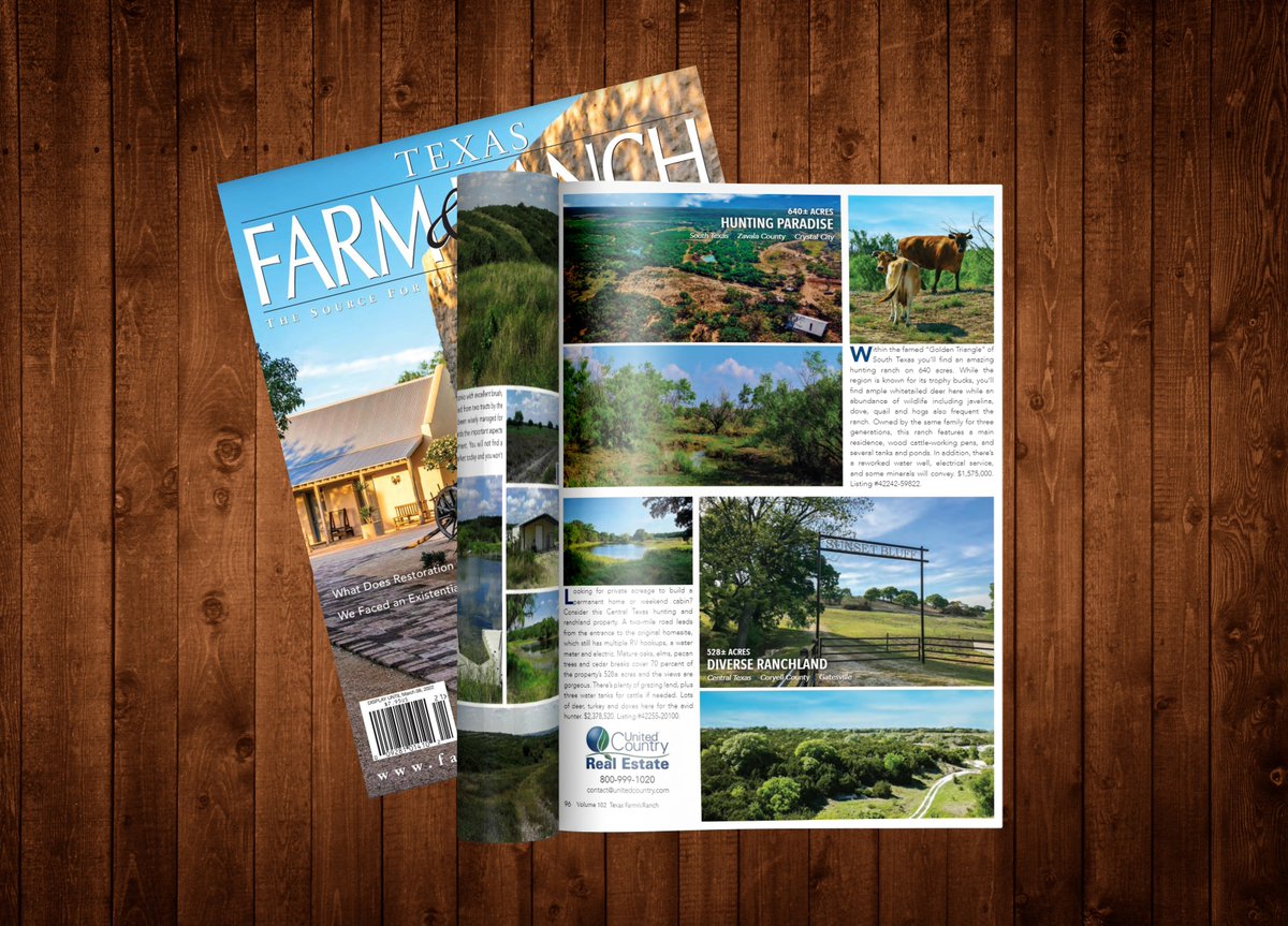 Check out our spread in the latest issue of Texas Farm and Ranch Magazine! We offer national marketing to our clients to help reach more qualified buyers while providing them top-notch local expertise through our talented agents. Learn more at UnitedCountry.com