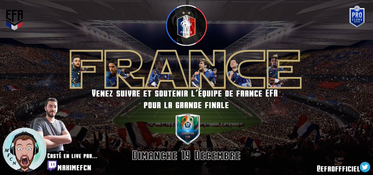 EFASelection's tweet photo. A l occasion de la finale de l euro @EfaEsports ,nous mettrons en place un dispositif exceptionnelle pour soutenir nos bleus,prise d antenne 21h avec présentation final, compos,interview d avant match et d après match!une Un match pour l histoire,un match pour le trophée ! https://t.co/hpNn3NQnpV