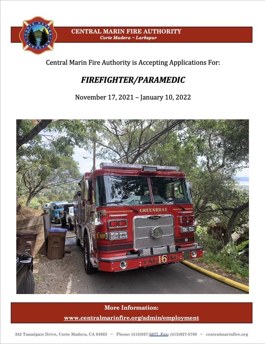 centralmarinfd's tweet photo. WE ARE HIRING!!! Our application period is open until January 10, 2022. #bayareafirefighter #fctc #becomingafirefighter https://t.co/pTztRqEo1z