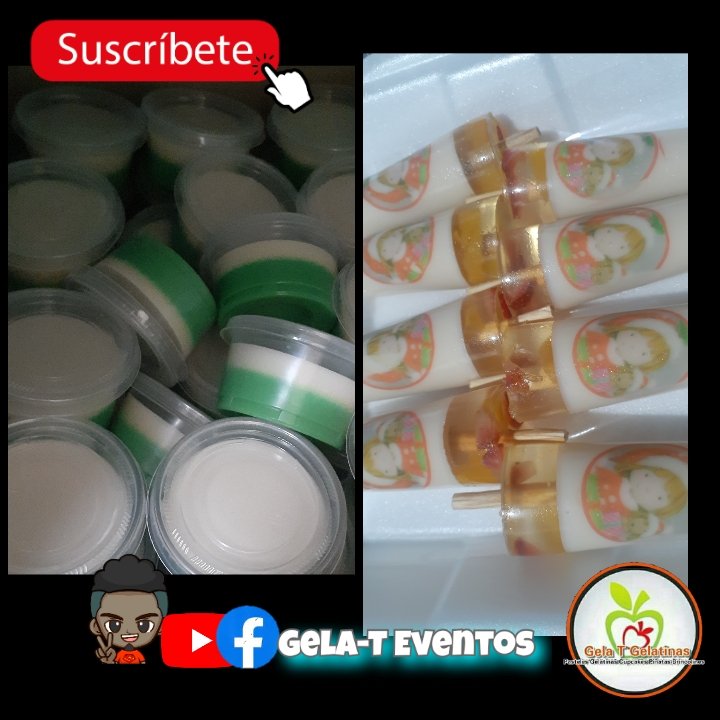 2 pedidos diferentes que de gelatinas que entregamos el día de hoy:

40 gelatinas vaso 4A en pura leche con mitad de color y 40 gelapaletas sabor leche con agua y fruta con tematica navideña gracias por su preferencia