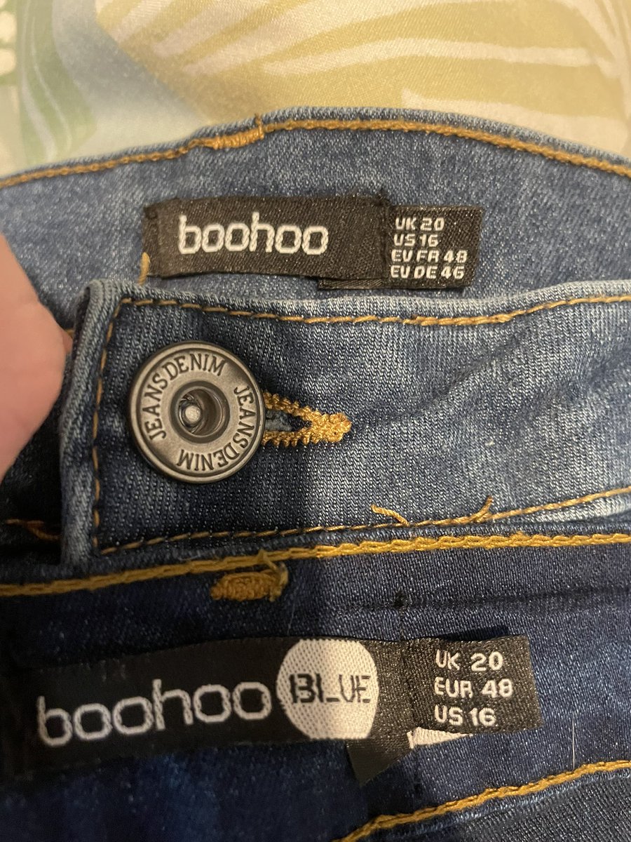 kaydee1080's tweet photo. Shame on you @boohoo 2 pairs of jeans delivered today. same size on tag not same in actual material. No wonder people develop eating disorders https://t.co/uy8cuJYnRI