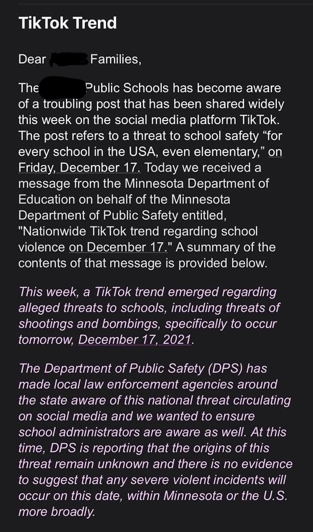 jon_degroot's tweet photo. Adding a (defunded) police presence to schools may help, but I suspect there is an easier solution.  Be parents!  These social media apps like TikTok and Snapchat are reckless and unaccountable.  Keep your kids off them. https://t.co/O1z04ME5mv