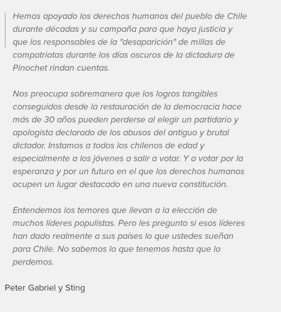 Peter Gabriel y Sting en una hermosa carta nos piden ser humanos conscientes y no votar por un miserable fascista que representa lo peor de la humanidad. Estás por cruzar la línea que separa el bien del mal, no lo hagas, aún estás a tiempo. Vota Boric, no por la extrema derecha.