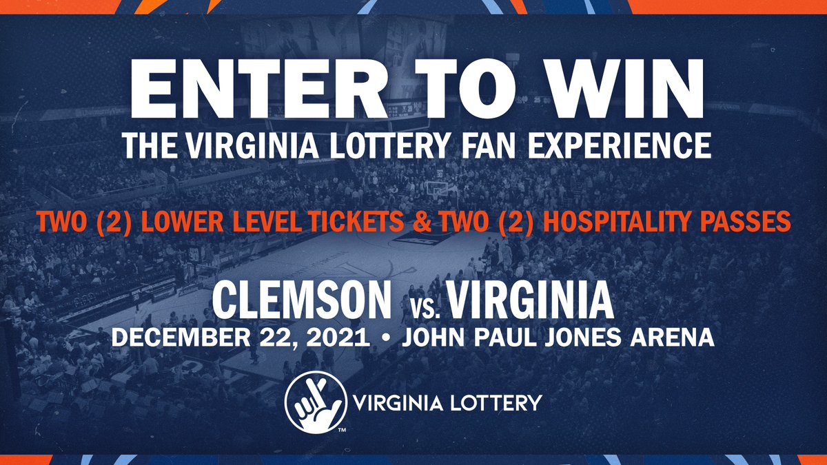VirginiaSports's tweet photo. Ready for a Virginia Lottery fan experience?! Quote tweet this and tag @virginialottery for a chance to win 2️⃣ 🏀 🎟️🎟️ for @UVAMensHoops ACC matchup with Clemson! #GoHoos https://t.co/p5Pw10HWJH